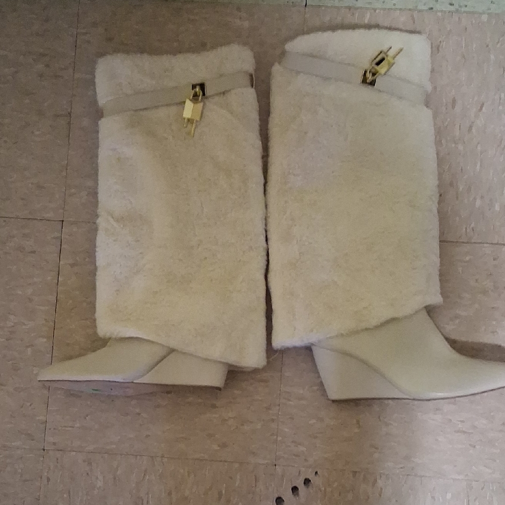 Cream Furry Wedge Boots